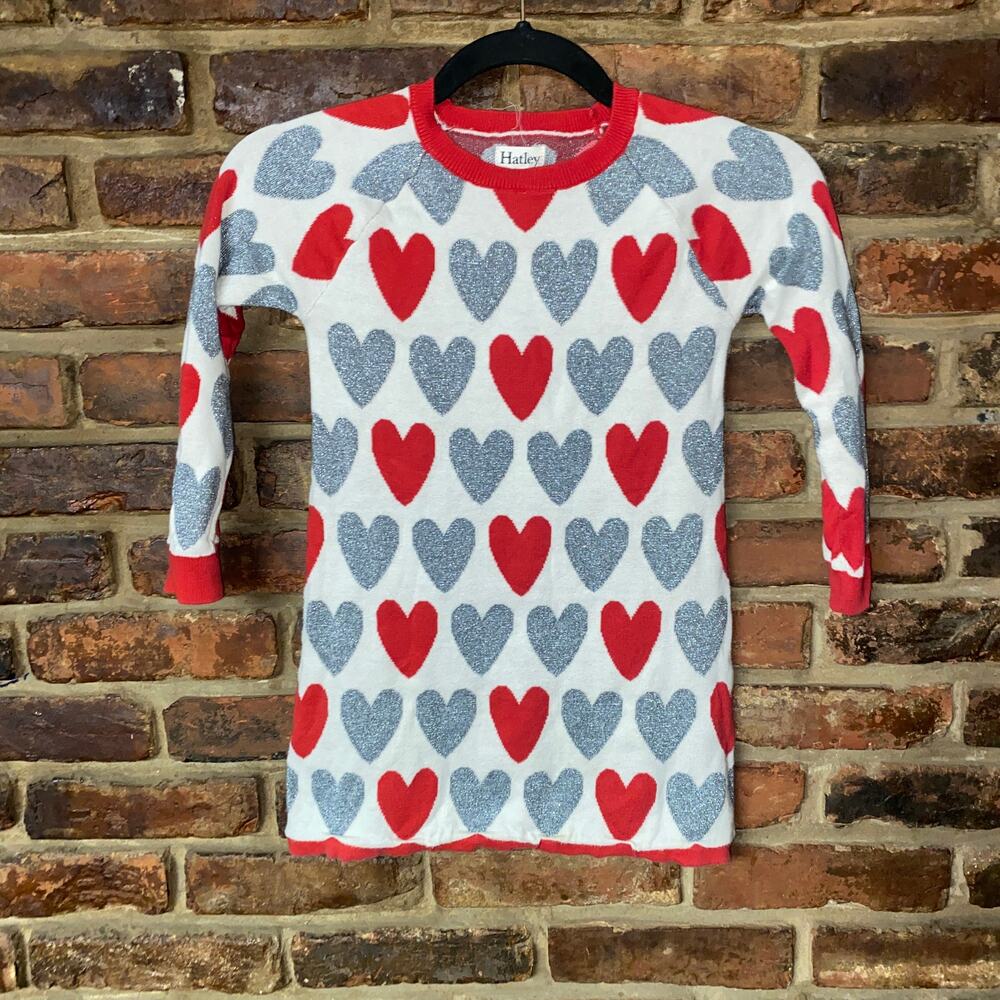 Hatley Girls Ivory Red Valentine's Day Knit Heart Sweater Dress Youth Size 5